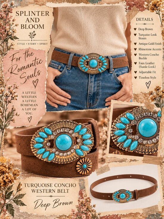 Accessories - NWT Turquoise Rhinestone Floral Gold Concho Buckle Western Belt – Cognac Brown
